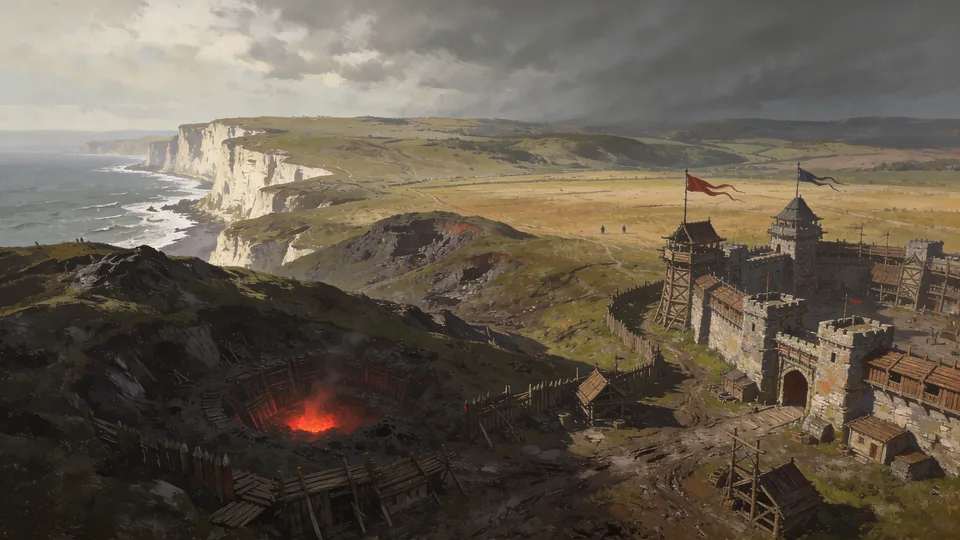 Original painted artwork: a chalk-cliff coast under heavy cloud, a timber-and-stone fort flying two banners on the right, and a fenced pit glowing red in the foreground.