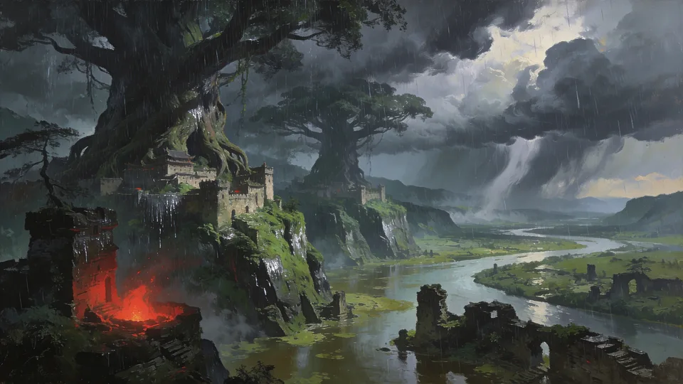 Original painted artwork: rain sweeping a green river valley, two colossal trees standing over flooded ruins, and a single red fire burning in the terraces at the left.