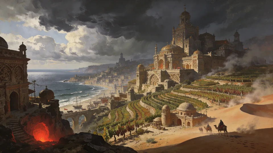 Original painted artwork: a baroque coastal city on terraced vineyards under a black storm front, with a small caravan crossing the dunes to its right.