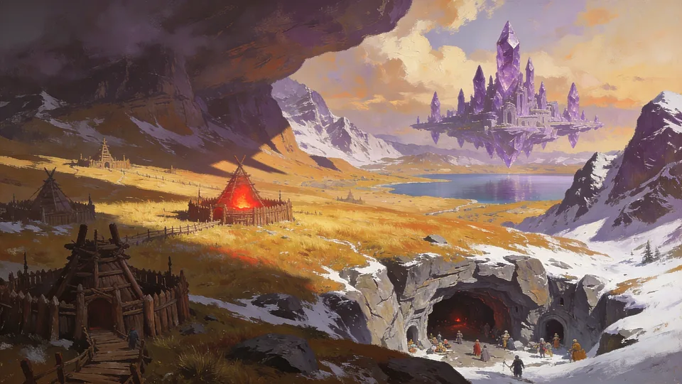 Original painted artwork: a golden upland valley between snowfields, a floating violet citadel above the water, and a red-lit banner over a small timber camp.