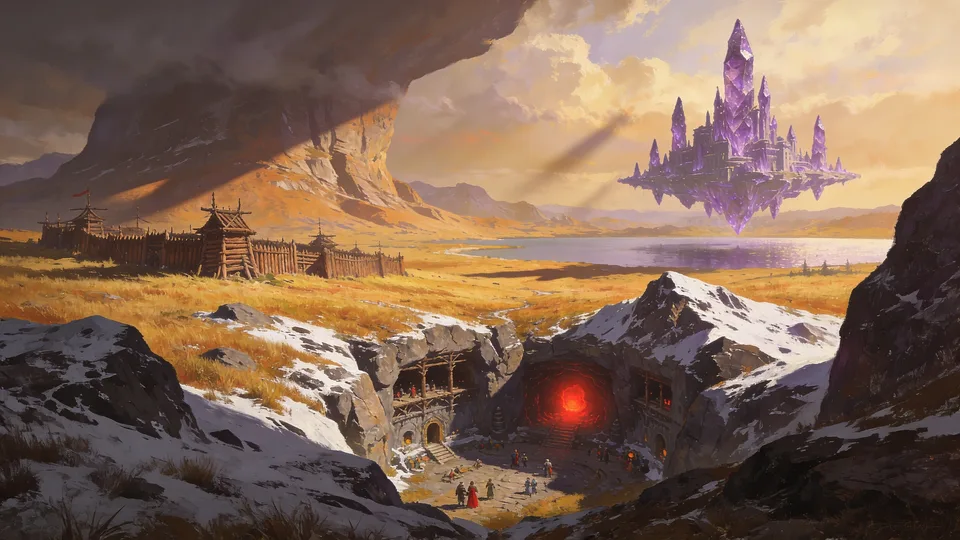 Original painted artwork: shafts of low sun across a golden basin, a violet spire-city adrift over the lake, and a ravine hall lit red at its mouth.