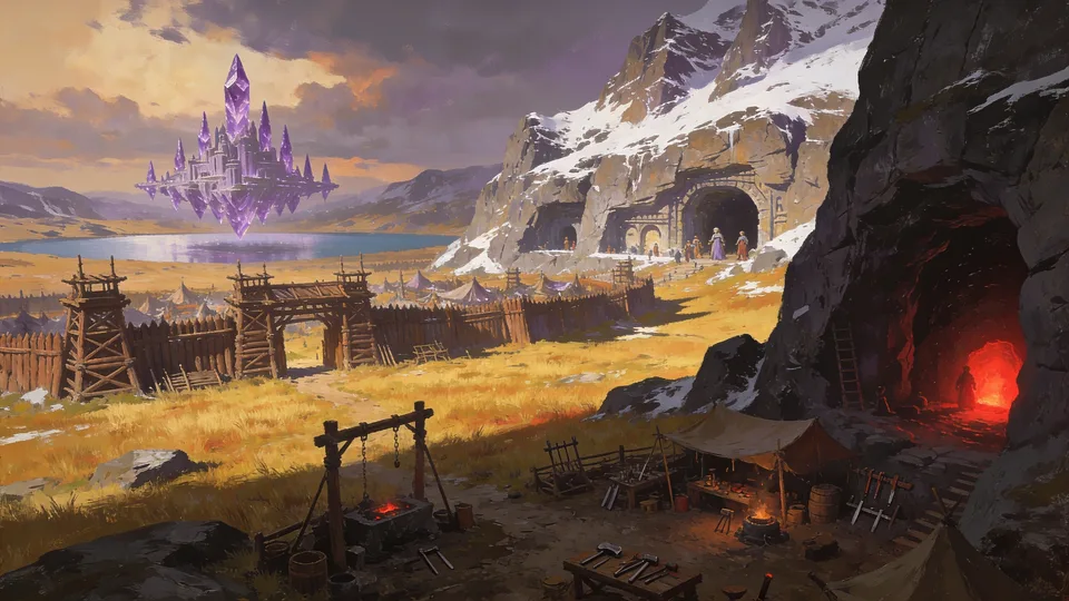 Original painted artwork: a snow-streaked mountainside with a glowing cavern entrance, a war camp of timber gates below it, and a violet citadel far off across the water.