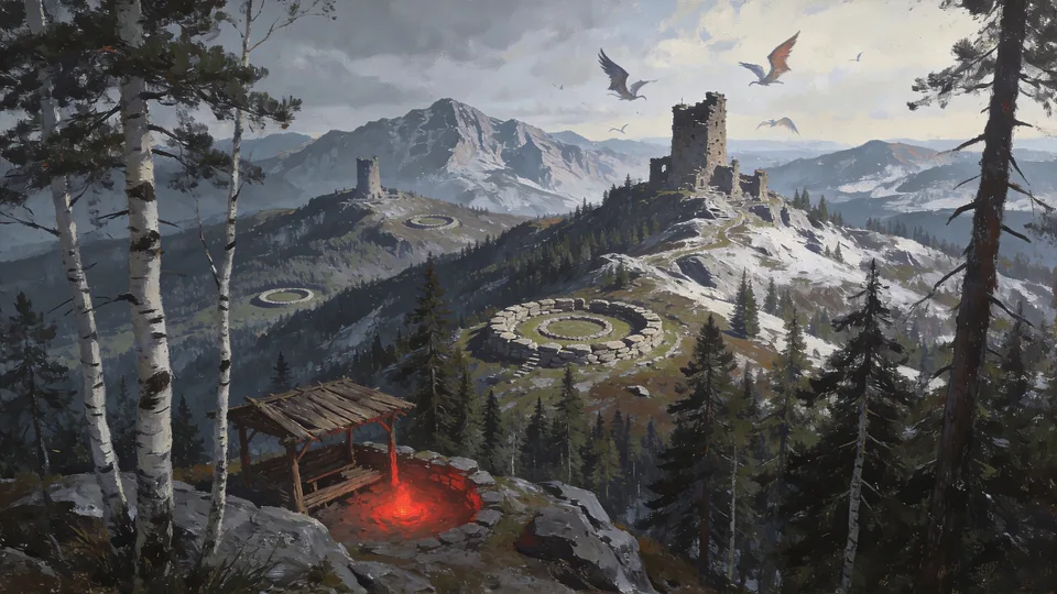 Original painted artwork: birch and pine on a cold ridge, winged shapes circling a broken watchtower, and stone circles cut into the slopes below.