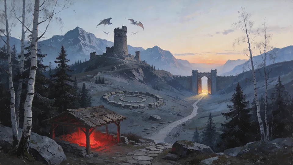 Original painted artwork: a lit stone archway at dusk on an empty highland road, a ruined tower above it, and two winged shapes over the peaks.