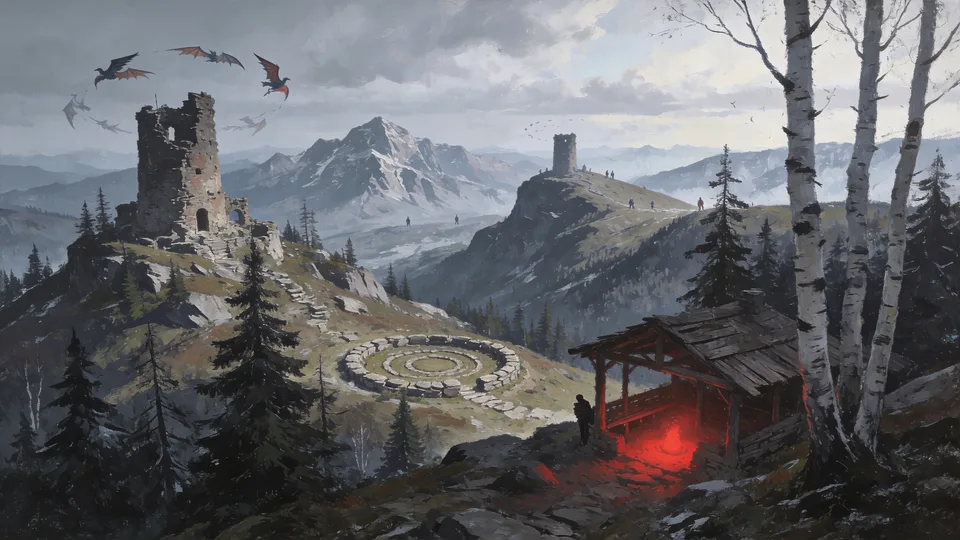 Original painted artwork: an expansive vista seen from high ground, in the spirit of a wild survival frontier.