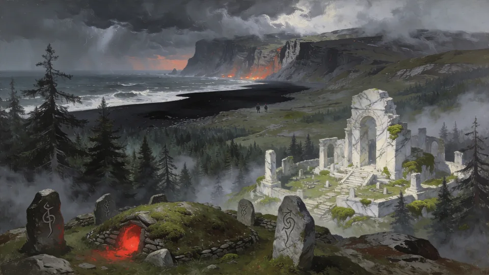 Original painted artwork: rune-carved standing stones around a grassy mound with a red-lit opening, above misty pines, a white ruined colonnade, and a black-sand shore beneath storm clouds and a lava-lit cliff.
