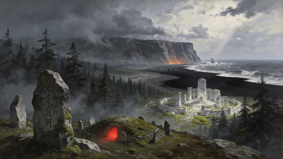 Original painted artwork: rune-carved standing stones in a misty pine clearing, a red-lit opening in the turf beside them, and a white colonnaded ruin on black sand below a lava-streaked cliff.