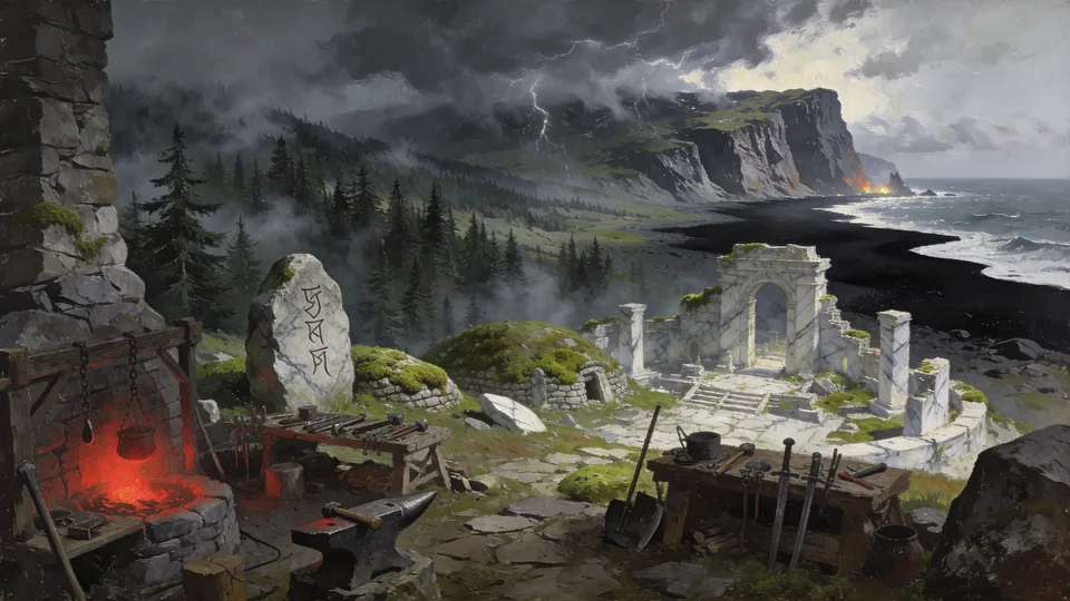 Original painted artwork: a forge under a stone arch on a storm-lit coast, a rune-carved standing stone beside it, and white ruins out on the headland.