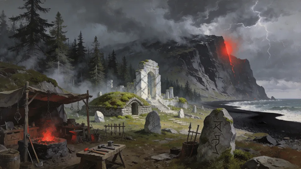 Original painted artwork: black-sand cliffs under lightning, a moss-grown barrow with a white marble door, and a working forge sheltered under canvas in front.