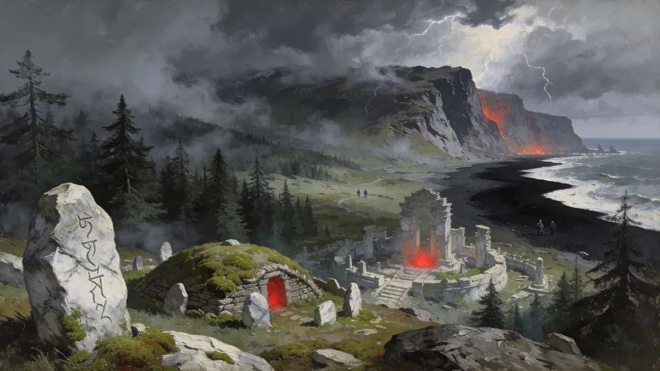 Original painted artwork: a rune-carved white stone and a moss-grown barrow with a red-lit door, a ruined colonnade out on the black sand beyond, and lightning over a lava-streaked headland.