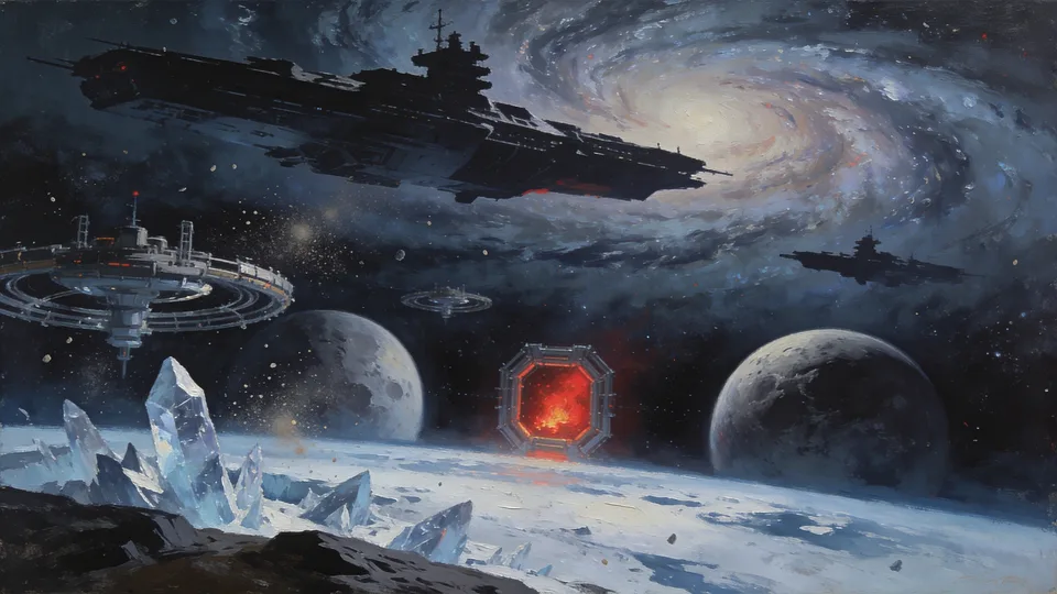 Original painted artwork: a capital ship crossing a spiral nebula above an ice world, a ring station turning at the left, and a red-cored gate hanging over the horizon.