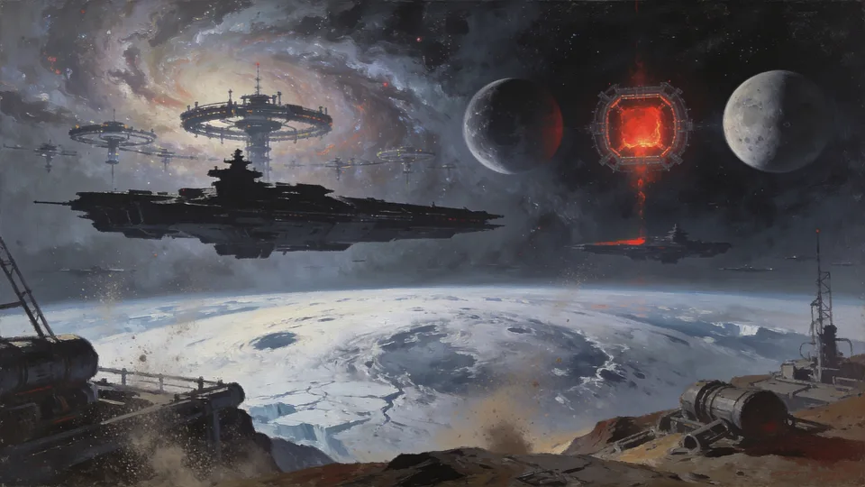 Original painted artwork: an industrial rig on a dark ridge looking out over a frozen planet, with capital ships and a burning jump gate strung across the sky behind it.