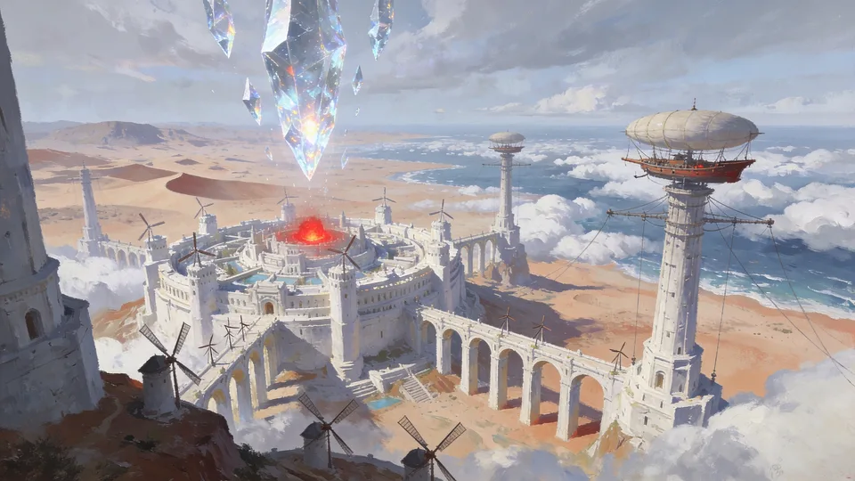 Original painted artwork: a white aqueduct city on a cliff between desert and sea, windmills along its walls, and a shard of crystal hanging over its dome.