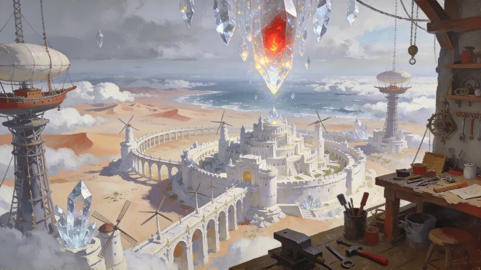Original painted artwork: a workbench with the tools laid down, a white desert city on its arches beyond it, and a red-lit crystal breaking through the cloud above.