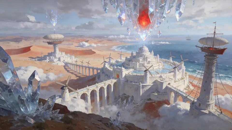 Original painted artwork: a white terraced city ringed by aqueducts and windmills, mooring towers to either side, and a cluster of crystal descending over its centre.