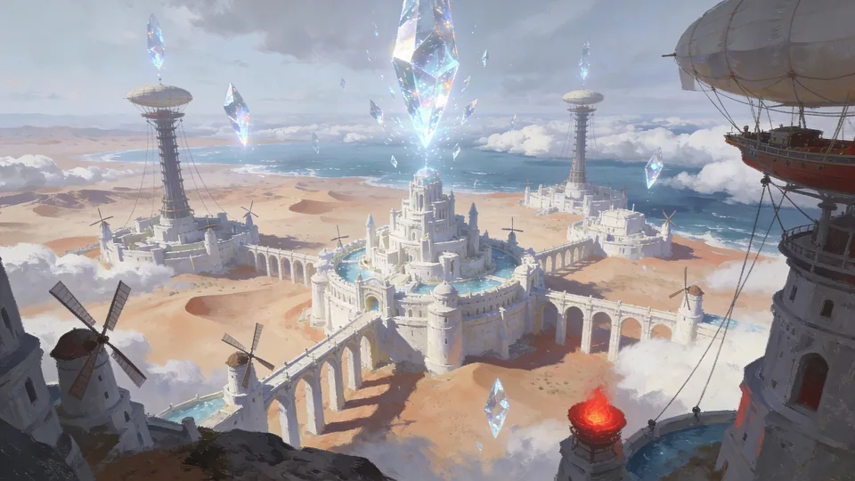 Original painted artwork: a white city on the sand under floating crystal, an airship moored at the right, and one red lamp burning on a low tower.