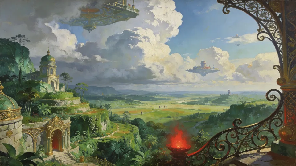 Original painted artwork: an expansive vista seen from high ground, in the spirit of a lush ornamental fantasy world.