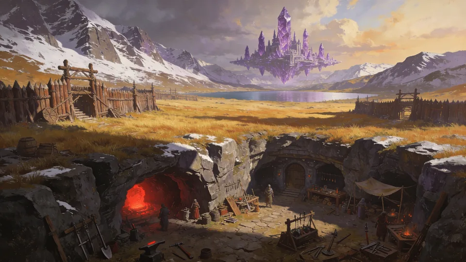 Original painted artwork: a snowbound stockade above an excavated hollow with its forge glowing red, and a violet citadel hanging over the lake behind it.