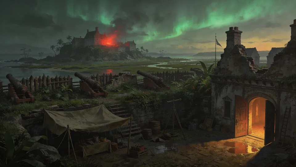 Original painted artwork: a green aurora over an overgrown colonial fort, rusting cannon along the rampart, and one doorway still lit orange.