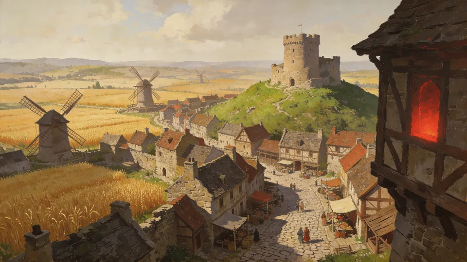 Original painted artwork: a wheat-field valley under midday cloud, windmills turning, a cobbled market street, and a squat keep on the green hill above it.