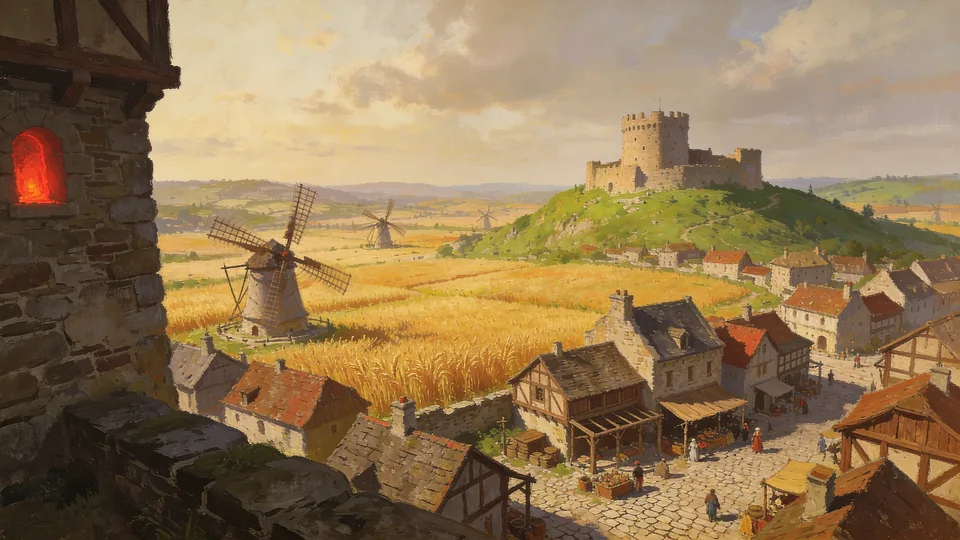 Original painted artwork: a warm evening over a market town, windmills and ripe wheat to the left, and a round castle on the hill beyond the rooftops.