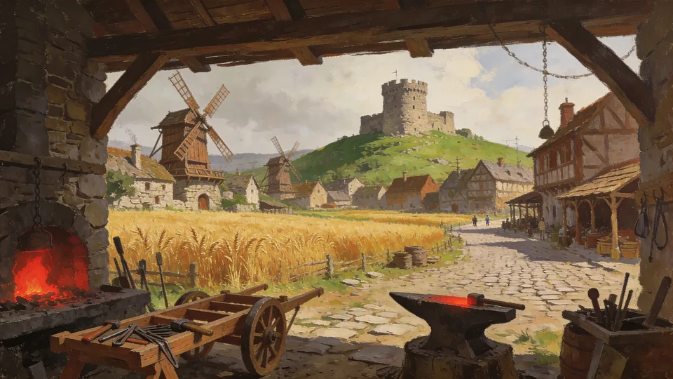 Original painted artwork: a workshop caught mid-change, tools set down, in the spirit of a plain, cheerful medieval countryside.