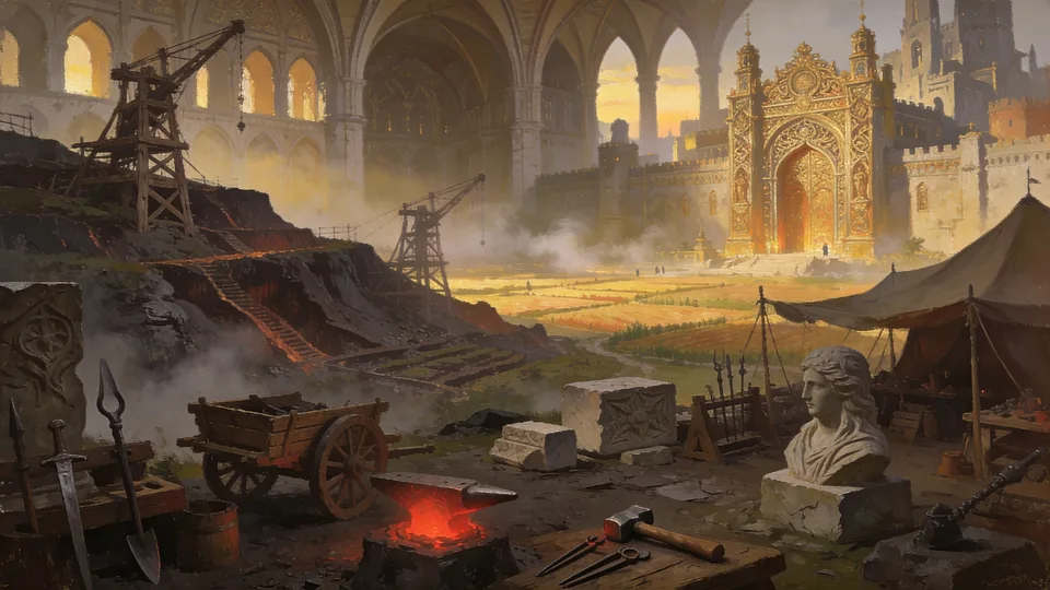 Original painted artwork: a workshop caught mid-change, tools set down, in the spirit of a medieval kingdom rendered at great scale and detail.