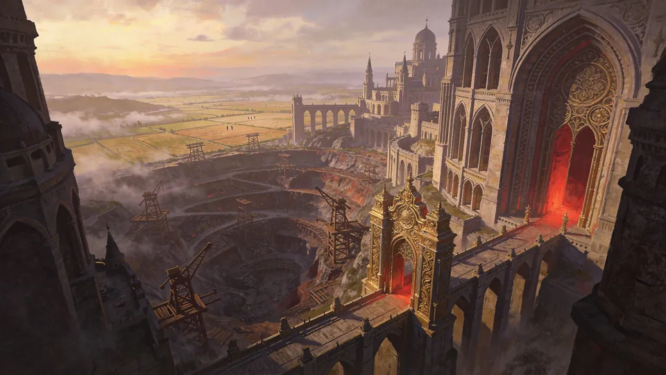 Original painted artwork: a high view along a stone bridge to an ornate gilded gateway and a gothic cathedral doorway, both glowing red inside, above a terraced open-pit quarry of wooden cranes, with farm fields, a few walking figures and distant hills under a sunset sky.