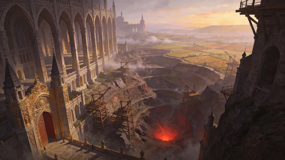 Original painted artwork: a gilded red door in a vast gothic arcade overlooking a terraced quarry of timber cranes, a fiery glow at its bottom, with farmland and a distant castle under a sunset sky.