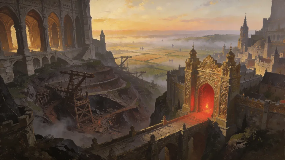 Original painted artwork: an expansive vista seen from high ground, in the spirit of a medieval kingdom rendered at great scale and detail.