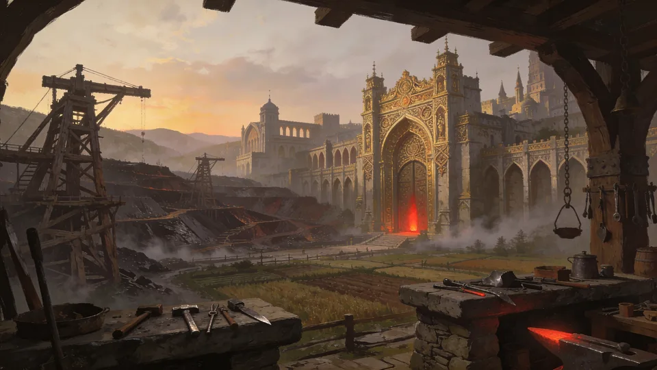 Original painted artwork: a gilded cathedral gateway across a terraced mining valley at dawn, wooden cranes at the left, and a workbench under the arch in front.
