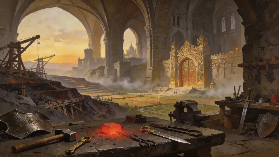 Original painted artwork: a studded shield, hammer and sword laid round a red-hot ingot on a workbench, and past the arch behind them timber cranes on a cut hillside below a gilded cathedral gateway.