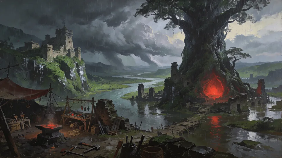 Original painted artwork: heavy rain over a river valley, an enormous tree burning red at its base, a cliff fortress opposite, and a camp forge under canvas in front.