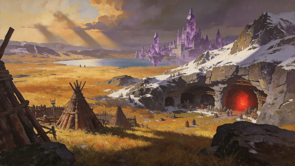 Original painted artwork: a golden grass plain and pale lake under sun shafts, timber lodge frames and a fence at left, and a crowd outside a red-lit mine mouth in a snow-streaked ridge, with a violet crystal city floating beyond.