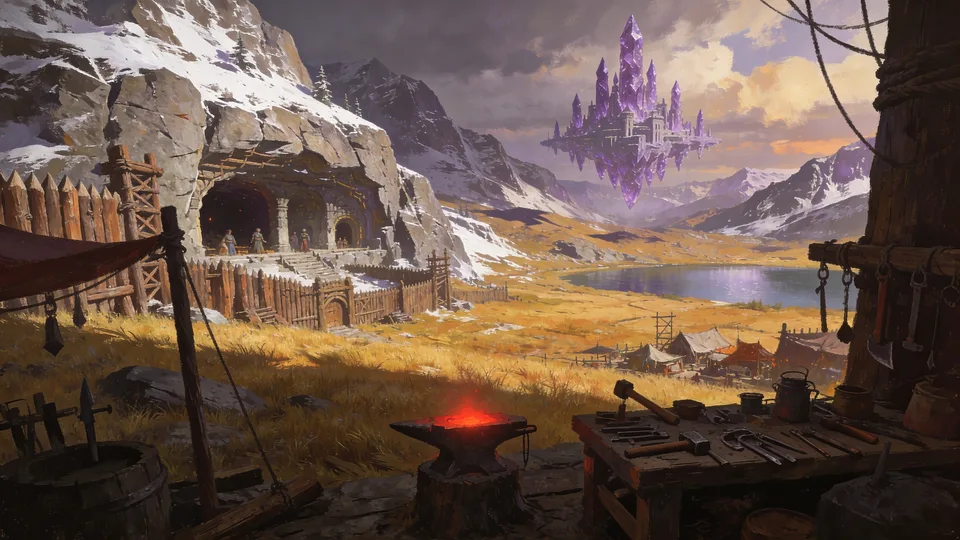 Original painted artwork: a smith's anvil glowing red beside a bench of hammers and tongs, a fenced cave entrance with people on its steps, tents on golden grass, a lake, and a violet crystal city floating over snowy mountains.