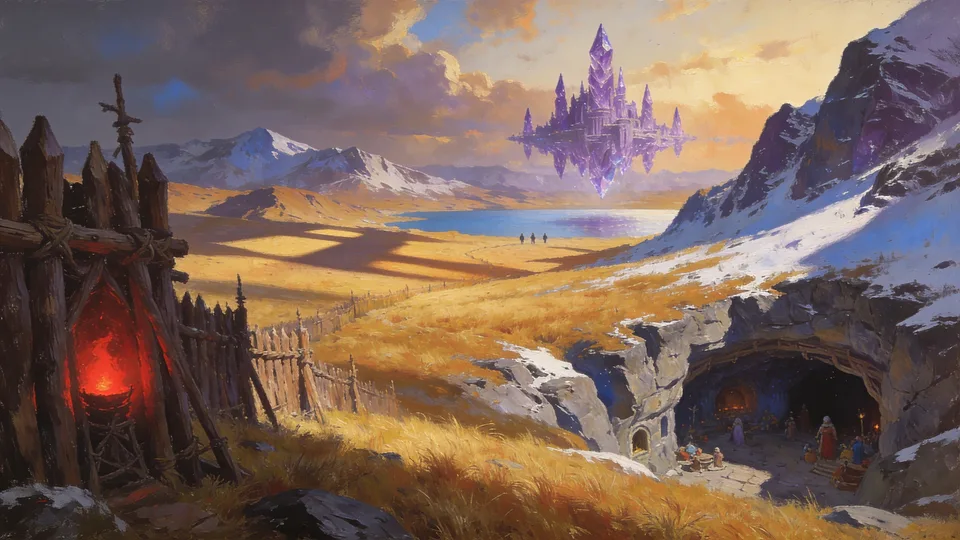 Original painted artwork: a wooden stockade on a hillside with a fire glowing red inside it, golden grassland running down to a lake where three travellers walk, a violet crystal city floating in the sky, and people gathered by firelight in a cave mouth under a snowy cliff.