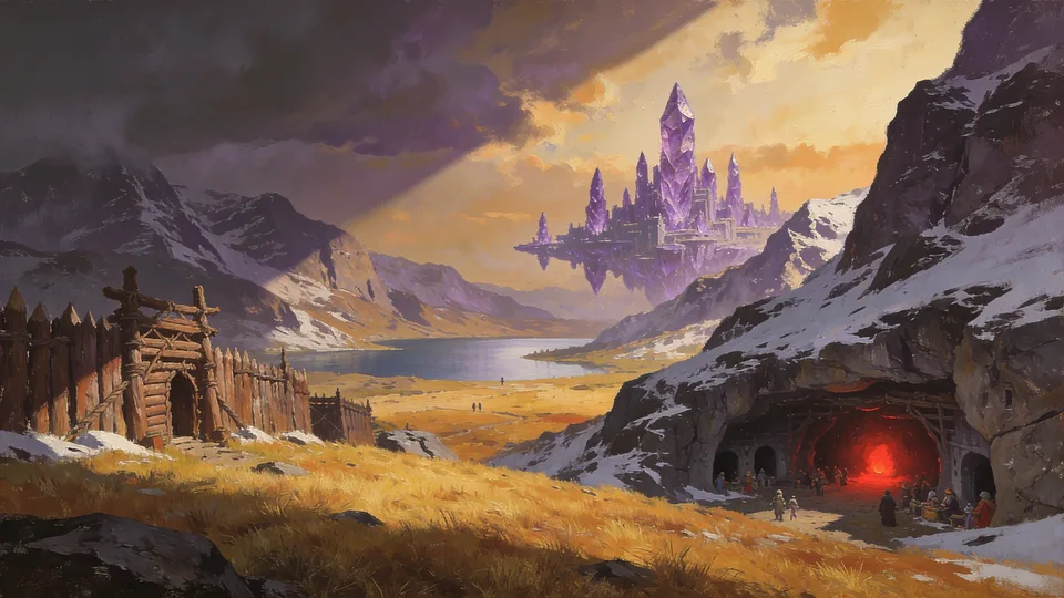 Original painted artwork: a wooden palisade with a log gatehouse on a golden hillside, a lake below snowy mountains, a violet crystal city floating in the sky, and people gathered around a red fire inside a cave mouth in the cliff on the right.