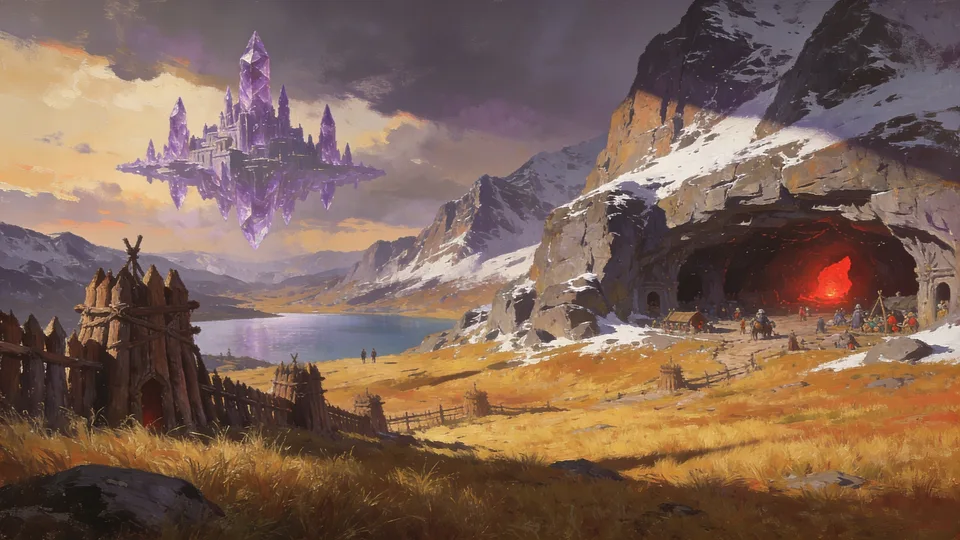 Original painted artwork: a wooden stockade on golden grass, a lake below snowy mountains, a violet crystal city floating in a stormy sky, and a crowd camped at a cave glowing red.