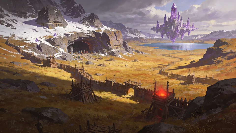Original painted artwork: golden grassland crossed by wooden stockade walls and watchtowers, one tower glowing red, a crowd gathered at a cave mouth in a snowy cliff, and a violet crystal city floating above a lake.