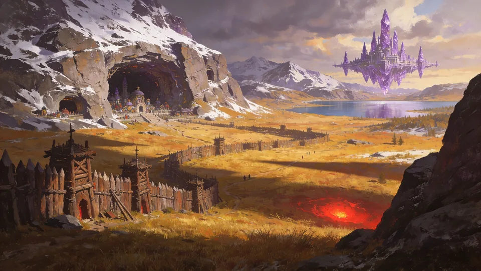 Original painted artwork: a wooden stockade on golden grass below snowy mountains, a town built into a huge cave, a violet crystal city floating over a lake, and a red glow in the ground.