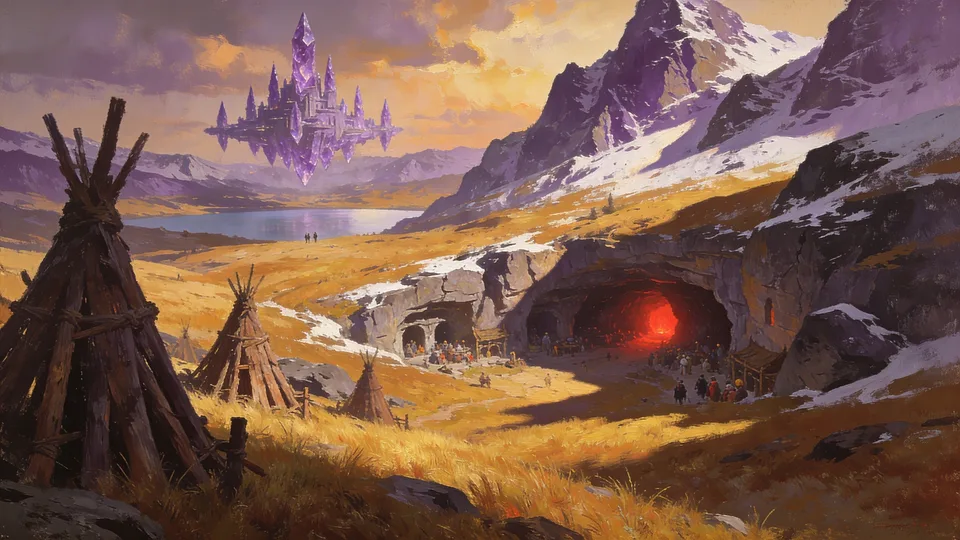 Original painted artwork: golden grass on a hillside with timber pole frames at left, a crowd gathered at red-glowing cave mouths under a snowy purple peak at right, and a violet crystal city floating above a lake and distant mountains.
