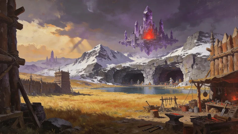 Original painted artwork: a violet citadel afloat over snow peaks with a golden plain and lake below, seen past a timber stockade and an open-air smithy.